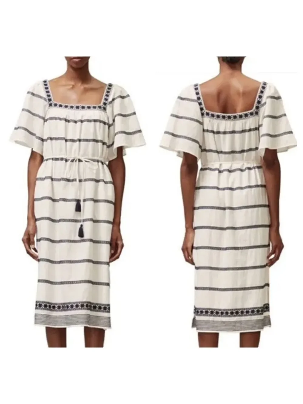 Tory Burch Linen Embroidered Belted Tassel Boho Dress